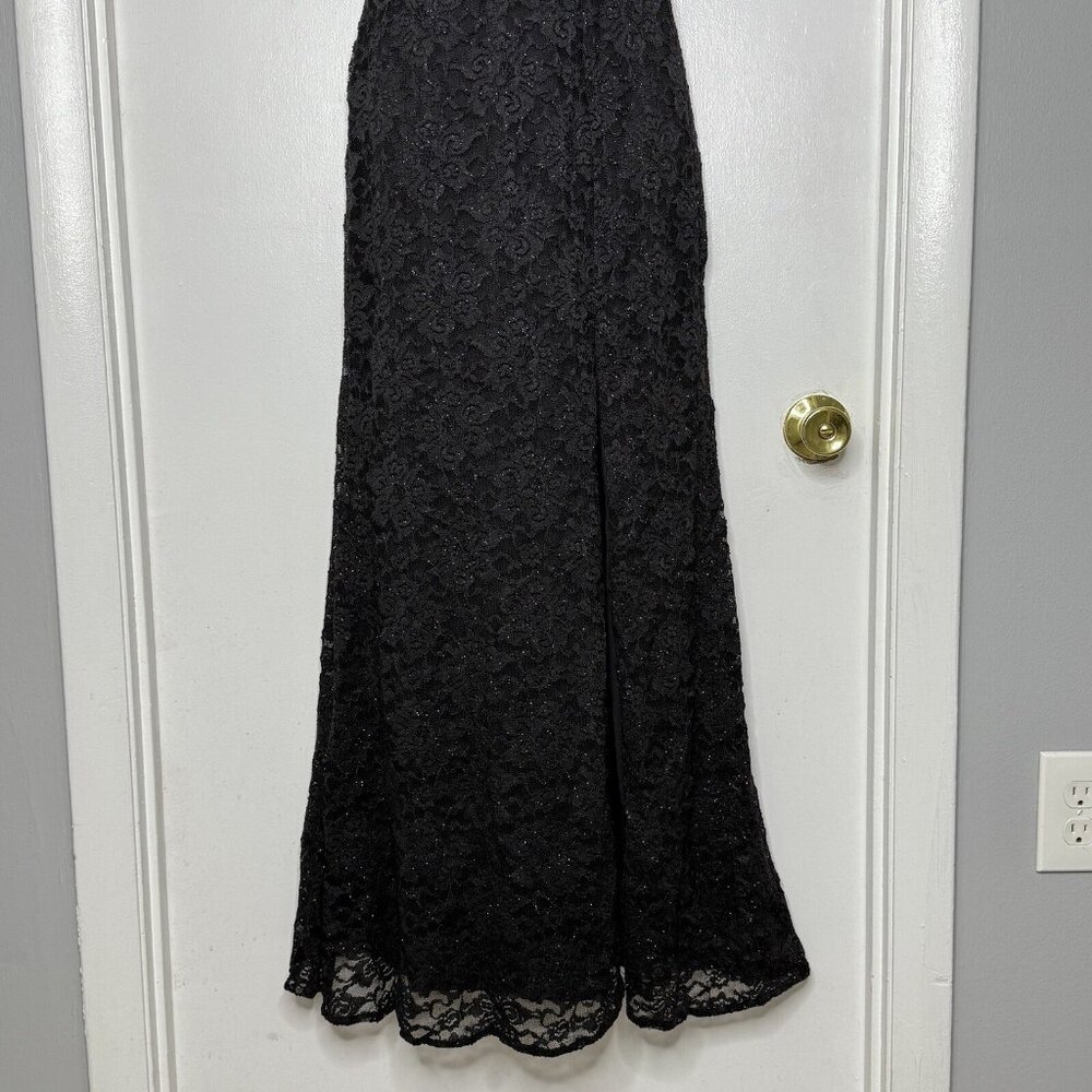 Morgan & Co Junior Lace Corset Black Prom Gown Dress Sz 3 Whimsigoth V Neck Slit - Picture 6 of 13